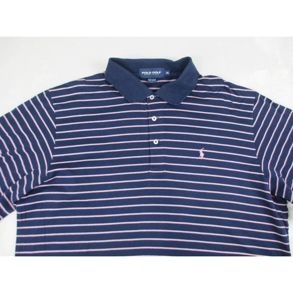 Ralph Lauren Polo Shirt Mens Extra Large Blue Pink‎ Pony Striped Golf Casual*